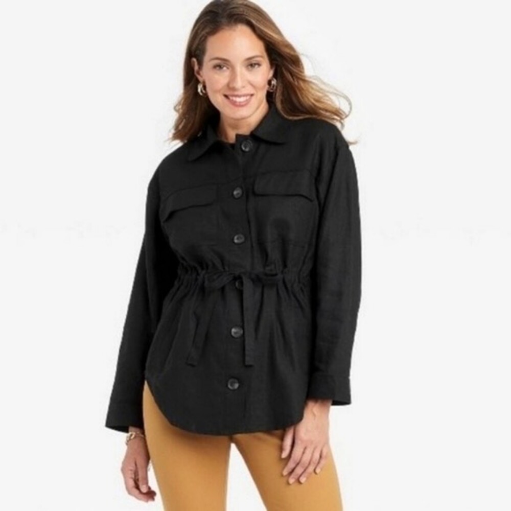A New Day Black Linen Blend Drawstring‎ Waist Jacket Size Large